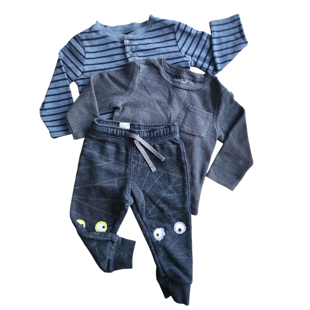 Boys Cat & Jack Bundle 2T Top Jogger Blue Gray Long Sleeves Henley Tee Stripes